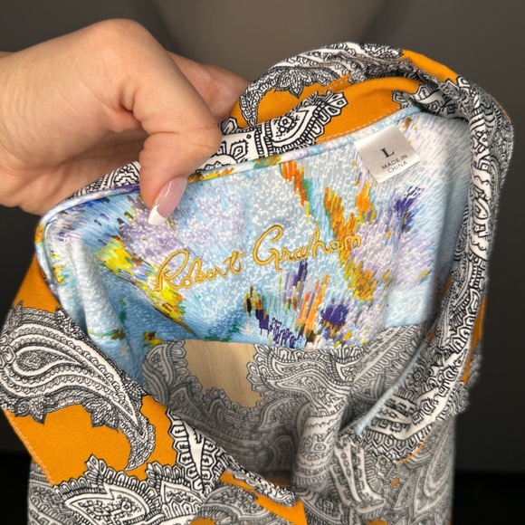 Robert Graham Silk Blend Paisley Button Down Shirt Mustard Black White Size L - Picture 7 of 9